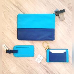 J. CREW Leather Travel Pouch, Luggage Tag, Key Ring w/ Zip Pouch & Card Carrier